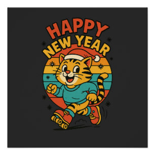 Póster Feliz Ano Novo Gato - Fofo Desenho Animado dos Ano