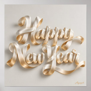 Poster Feliz Ano Novo Letreiro de Fita de Seda