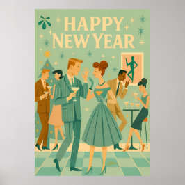 Poster Feliz Ano Novo Meados do Século A Dança do Martini