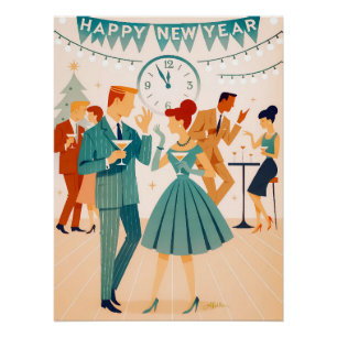 Póster Feliz Ano Novo Meados do Século A Dança do Martini