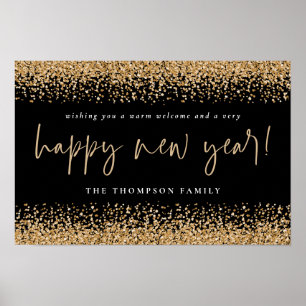 Poster Feliz Ano Novo Nome Preto Imprimível Brilho Dourad