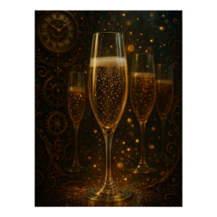 Póster Feliz Ano Novo Steampunk Champagne Glamouroso