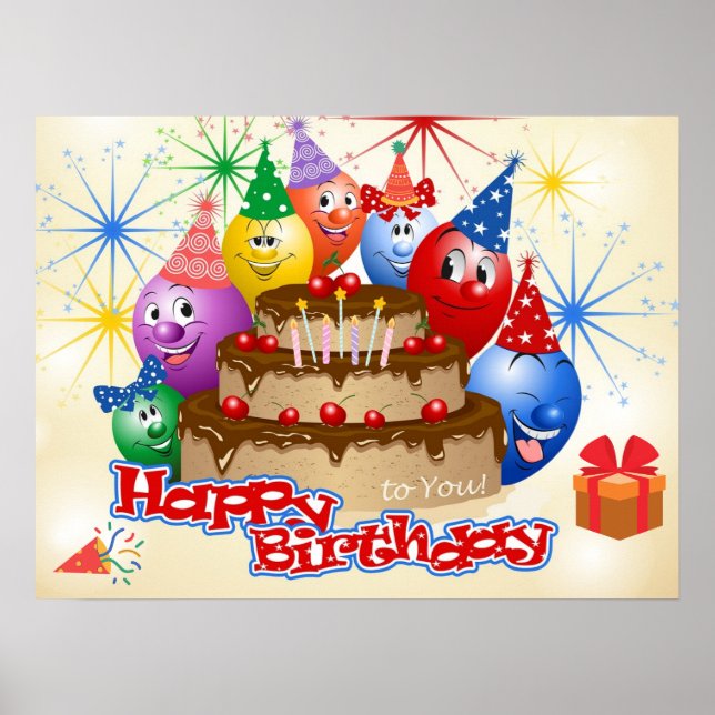 Poster Feliz Balões de Aniversário Engraçado e Bolo de Ch (Frente)