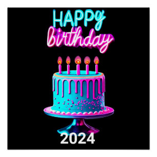 Póster Feliz Bolo de Aniversário de 2024, Festa Personali