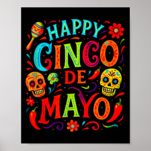 Poster Feliz Cinco De Mayo - Caveiras de Festa Mexicana