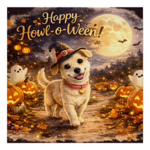 Póster Feliz Comoção de Dia das Bruxas Design de Cachorro