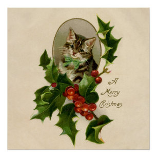 Póster Feliz de Natal Holly Kitten Arte Antiquada