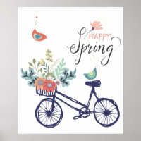 Feliz design de primavera: bicicleta, flores e ave
