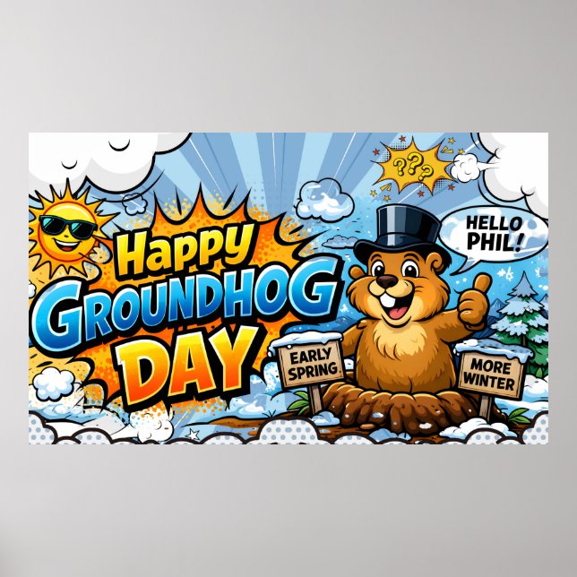 Poster Feliz Dia da Marmota Fundo Divertido (Frente)