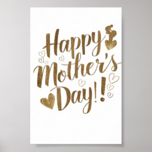 Poster Feliz Dia das Mães Coração com Letra Dourada