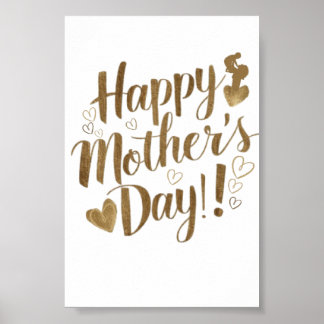 Poster Feliz Dia das Mães Coração com Letra Dourada