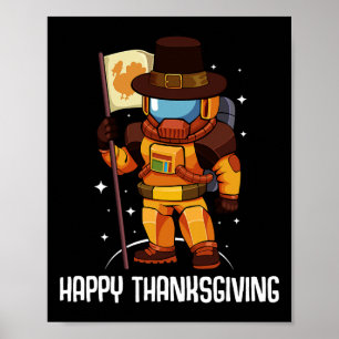 Poster Feliz Dia de Ação de Graças Astronauta Turquia Cai