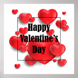 Poster Feliz dia de os namorados Red Love Hearts Feriad