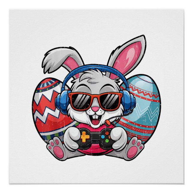 Póster Feliz Dia de Páscoa Coelho Fofo Jogando Videogame  (Frente)
