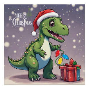 Póster Feliz Dinossauro de Natal com Presente
