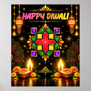 Poster Feliz Diwali Colorido Rangoli e Diya Tradicional