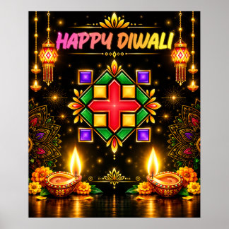 Poster Feliz Diwali Colorido Rangoli e Diya Tradicional