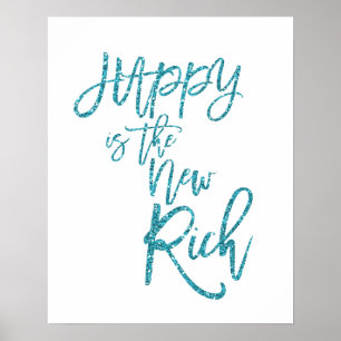 Poster Feliz É O Novo Rich Quote Azul Faux Glitt