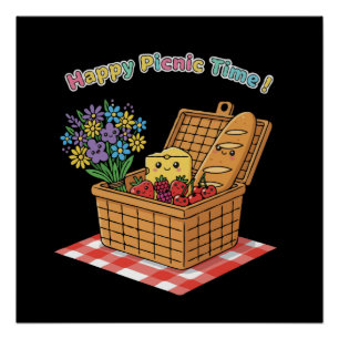 Póster Feliz Época de Piquenique! Comida e Flores Kawaii 