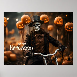 Poster Feliz esqueleto de Halloween e abóboras