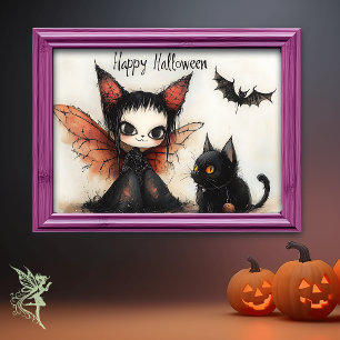 Poster Feliz Fada e Gato de Halloween Bela Arte de Pare