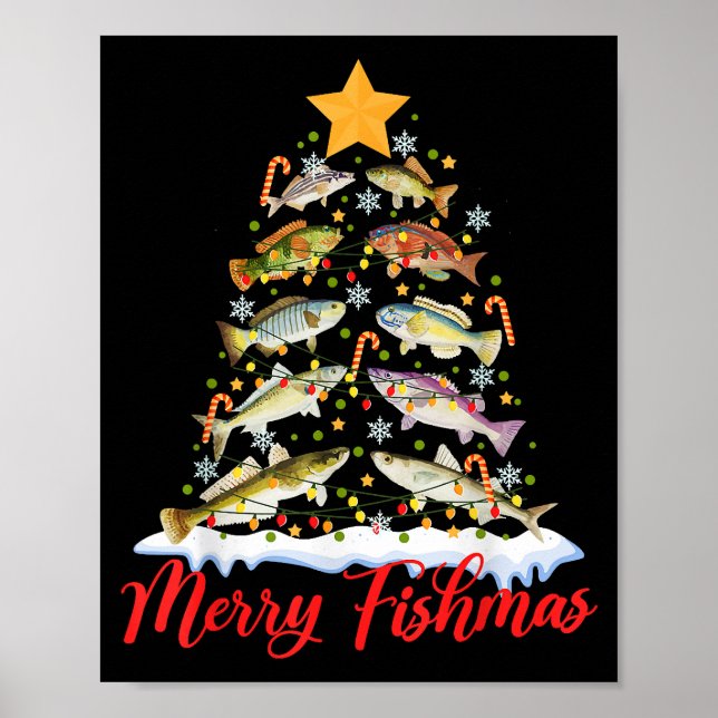 Poster Feliz Fishmas Engraçado Árvore de Natal Luzes de P (Frente)