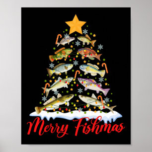 Poster Feliz Fishmas Luzes Divertidas de Árvore de Natal 