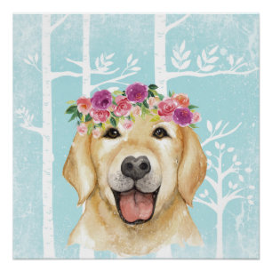 Póster Feliz Flor Animal na Floresta Azul - Retriever Cac
