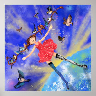 Poster Feliz Garota com Pássaros - Alegria - Felicidade