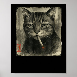 Poster Feliz Gato Fumante Cigarro Meme Sumi-e