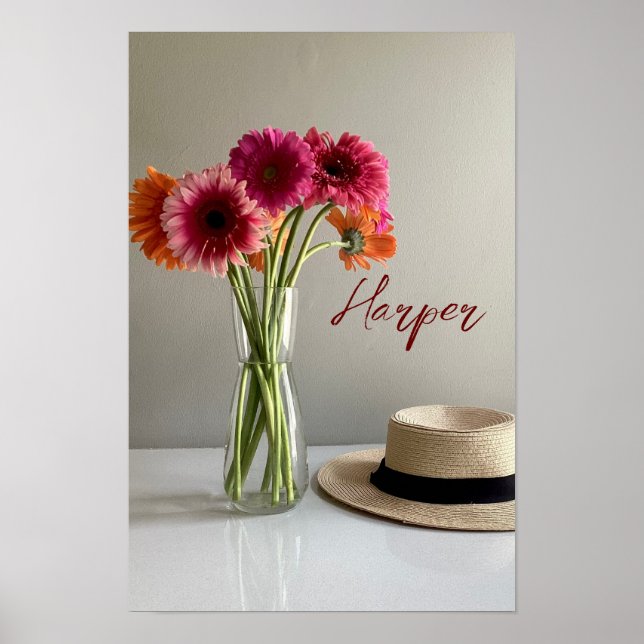 Poster Feliz Gerbera Colorida Flor +Nome Personalizado (Frente)