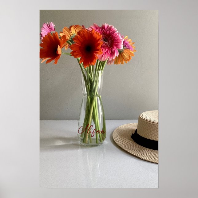 Poster Feliz Gerbera Colorida Flor +Nome Personalizado (Frente)