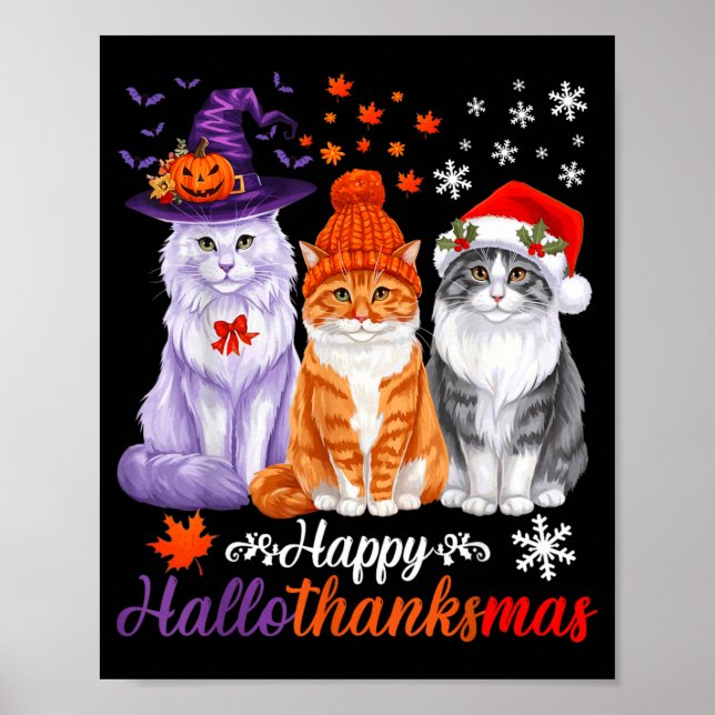 Poster Feliz HalloGratidãoMas Gatos Dia das Bruxas Dia de (Frente)
