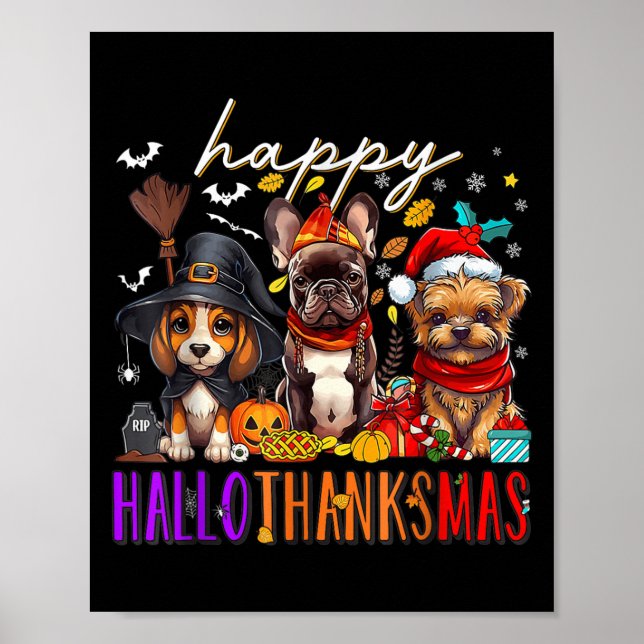 Poster Feliz Hallothanksmas Cães de Halloween Ação de Gra (Frente)