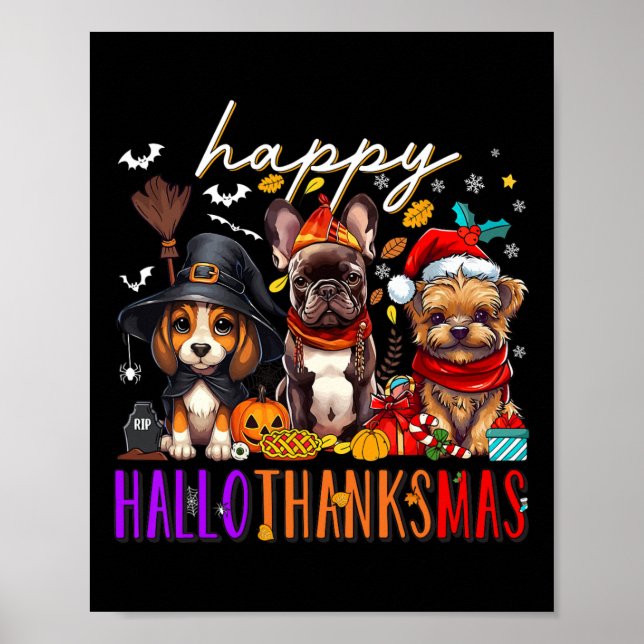 Poster Feliz Hallothanksmas Cães de Halloween Ação de Gra (Frente)