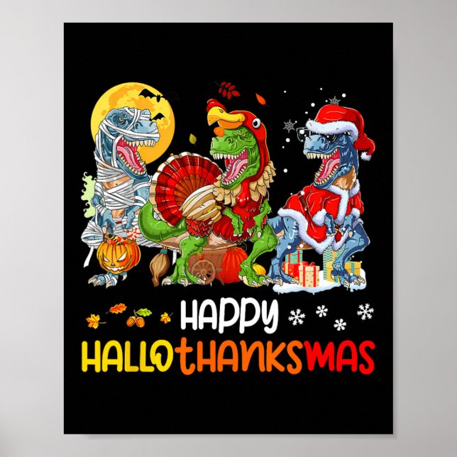 Poster Feliz Hallothanksmas Dia de Ação de Graças Dinossa (Frente)