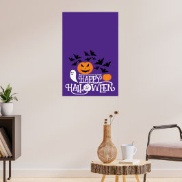 Poster Feliz Halloween abóboras fantasma morcegos texto r