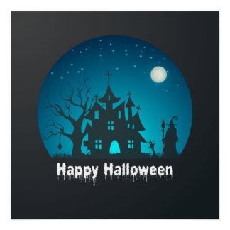 Póster Feliz Halloween Blue e Black Hauned House
