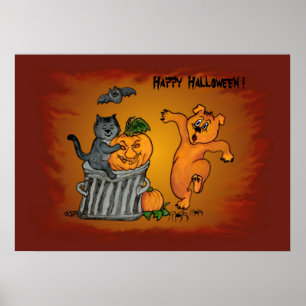 Póster Feliz Halloween com Gato Morcego Cão e Aranha