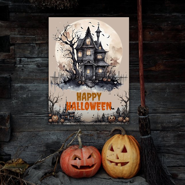 Poster Feliz Halloween Eerie Haunted House (Get into the Halloween spirit with our spooktacular poster! Hang it up for maximum Halloween vibes!)
