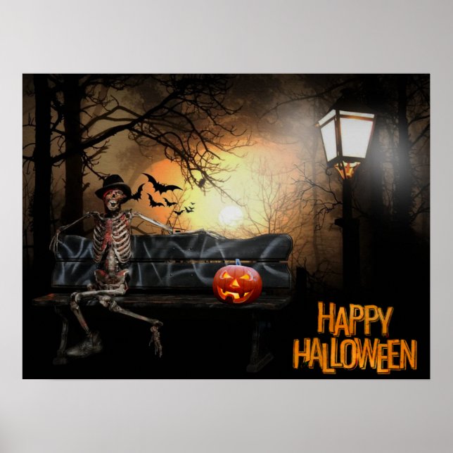 Poster Feliz Halloween Engraçado Esqueleto Spooky no Banc (Frente)