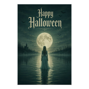 Póster Feliz Halloween Etéreo Silhueta da Luz da Lua Góti