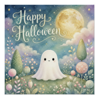 Póster Feliz Halloween Fantasma Fofo Jardim Pastel