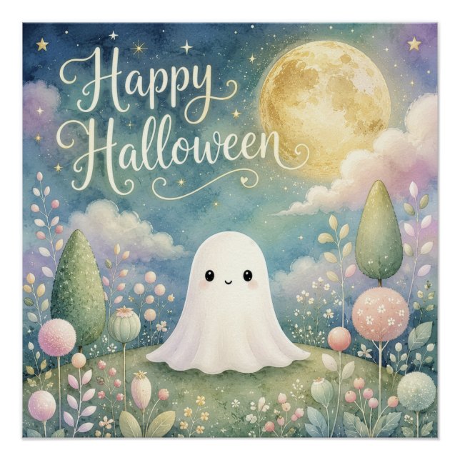 Póster Feliz Halloween Fantasma Fofo Jardim Pastel (Frente)