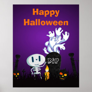 Póster Feliz Halloween Fantasmas e Seletons bonitos no Ce