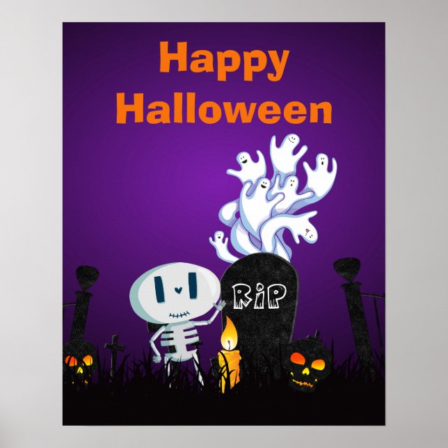 Póster Feliz Halloween Fantasmas e Seletons bonitos no Ce (Frente)