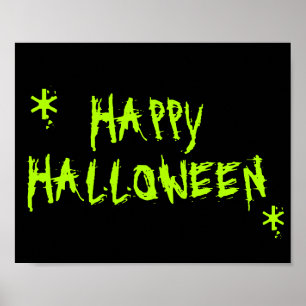 Poster Feliz Halloween, neon verde, tipografia negra e as
