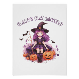 Póster Feliz Halloween Roxo Bruxas Pumpkins & Bats