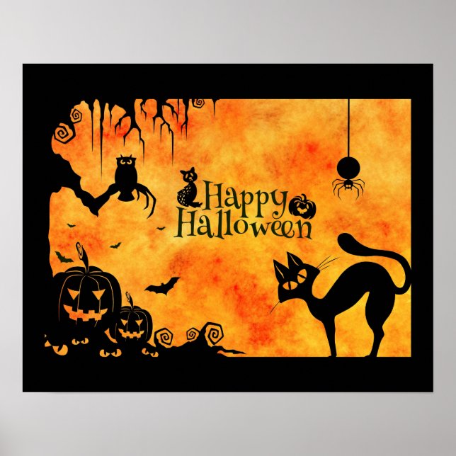 Póster Feliz Halloween Silhouette Black Cat e Amigos (Frente)