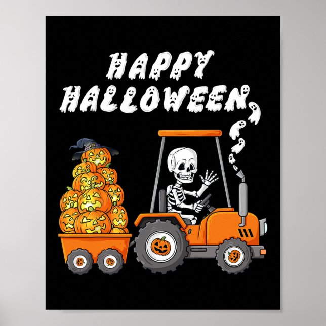 Poster Feliz Halloween Skeleton Riding Trator Boys Crianç (Frente)
